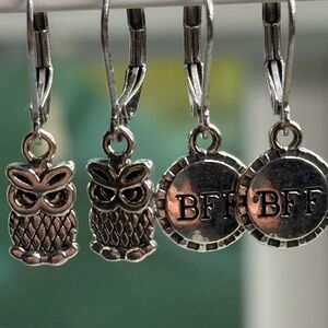 Silver Owl and BFF Earrings Set